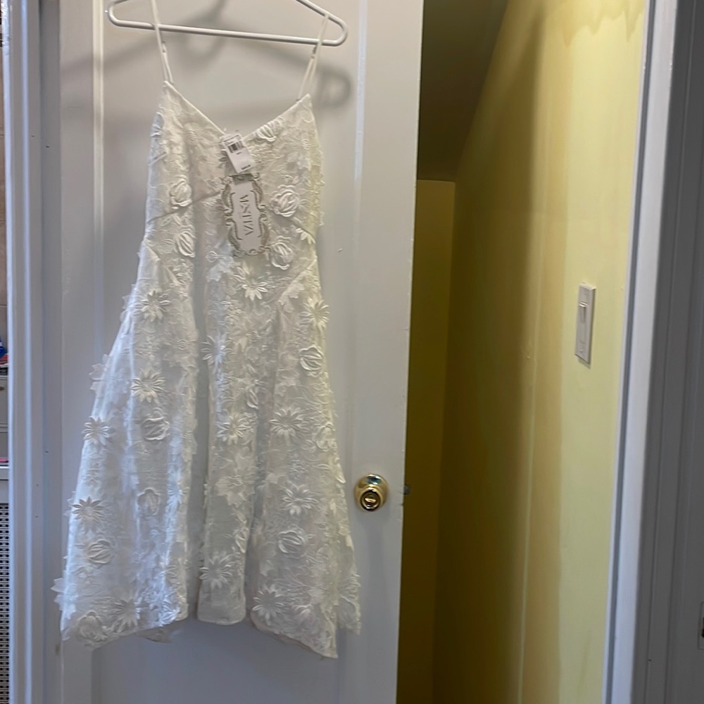 NWT Mestiza New York White 3D embroidered empire waist floral lace A-line Dress